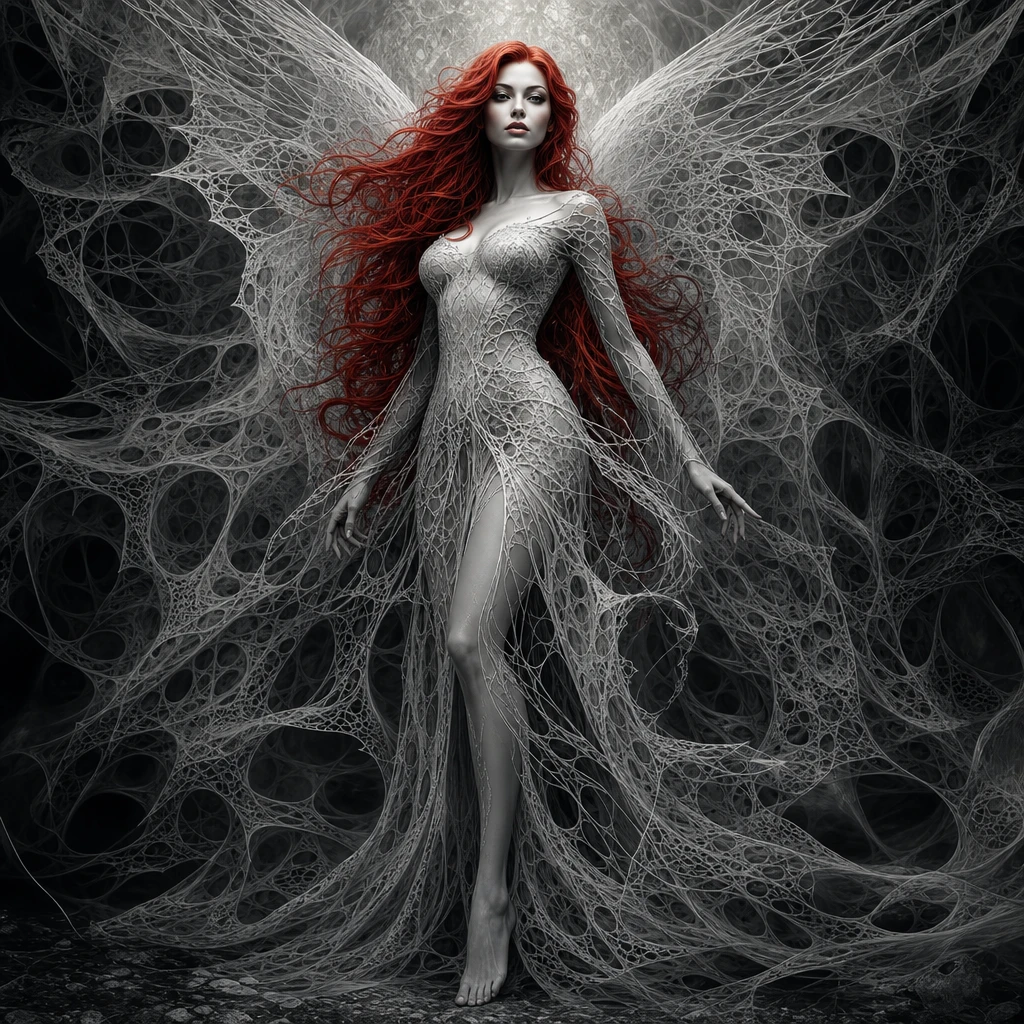 Red haired angelic woman in surreal monochrome landscape