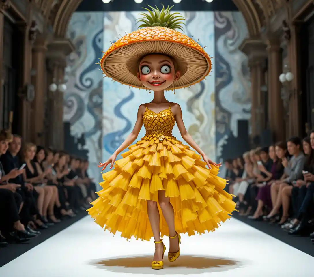 Playful mushroom model in pineapple dress on runway