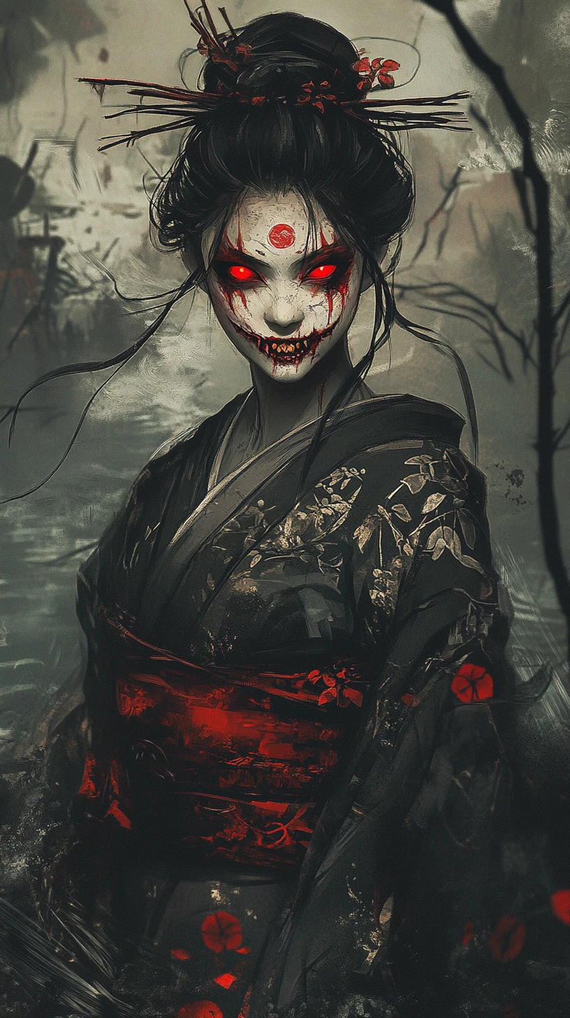 Terrifying anime spirit woman in a dark swamp forest