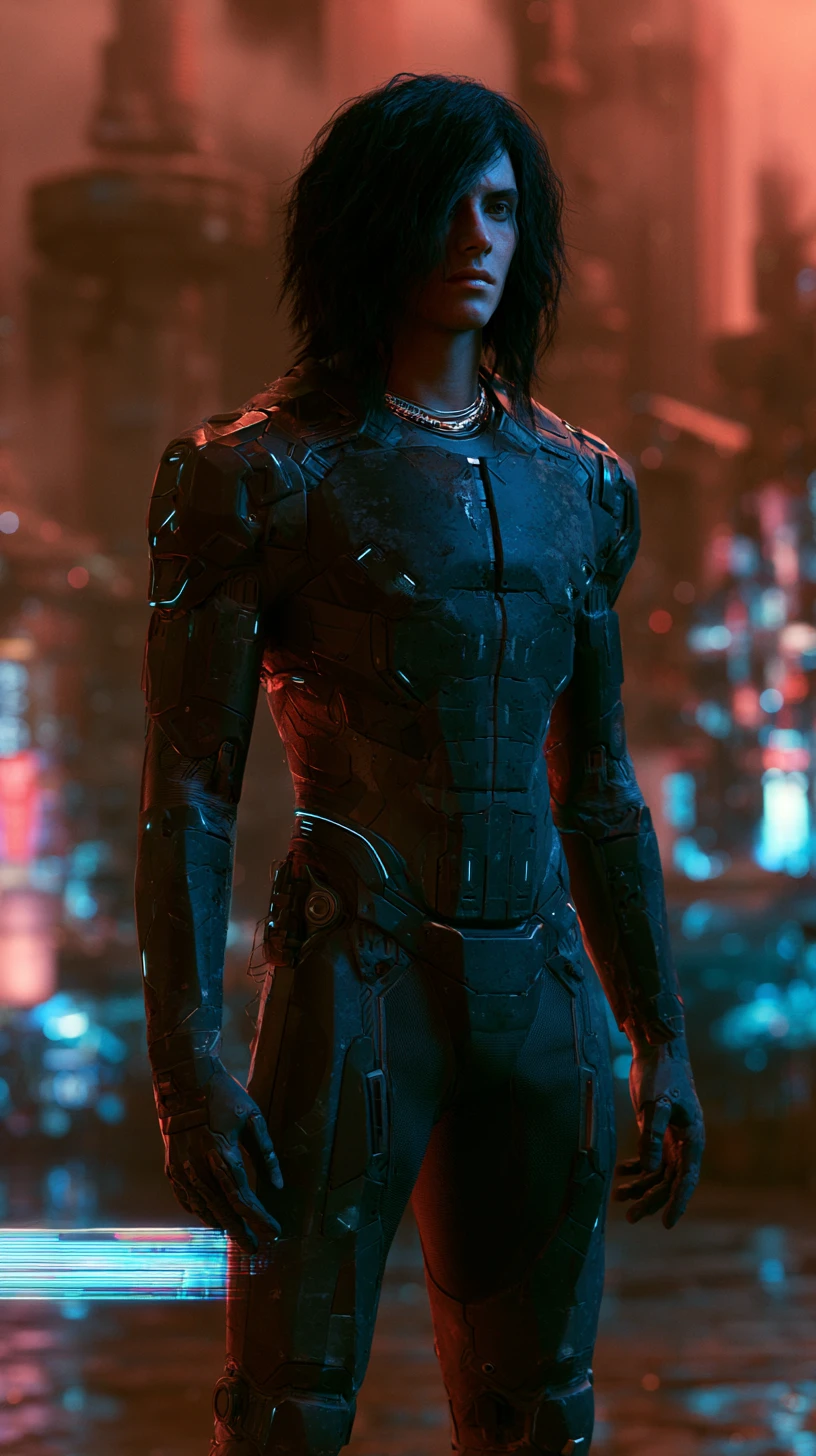 Full body portrait of a young sci fi warrior