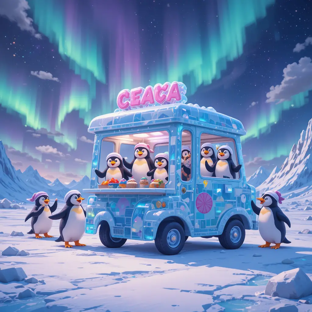 Playful penguins running a magical ice cream truck