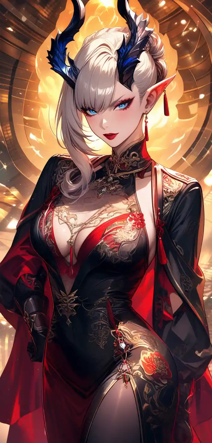Confident tiefling woman in red cheongsam and thigh high boots