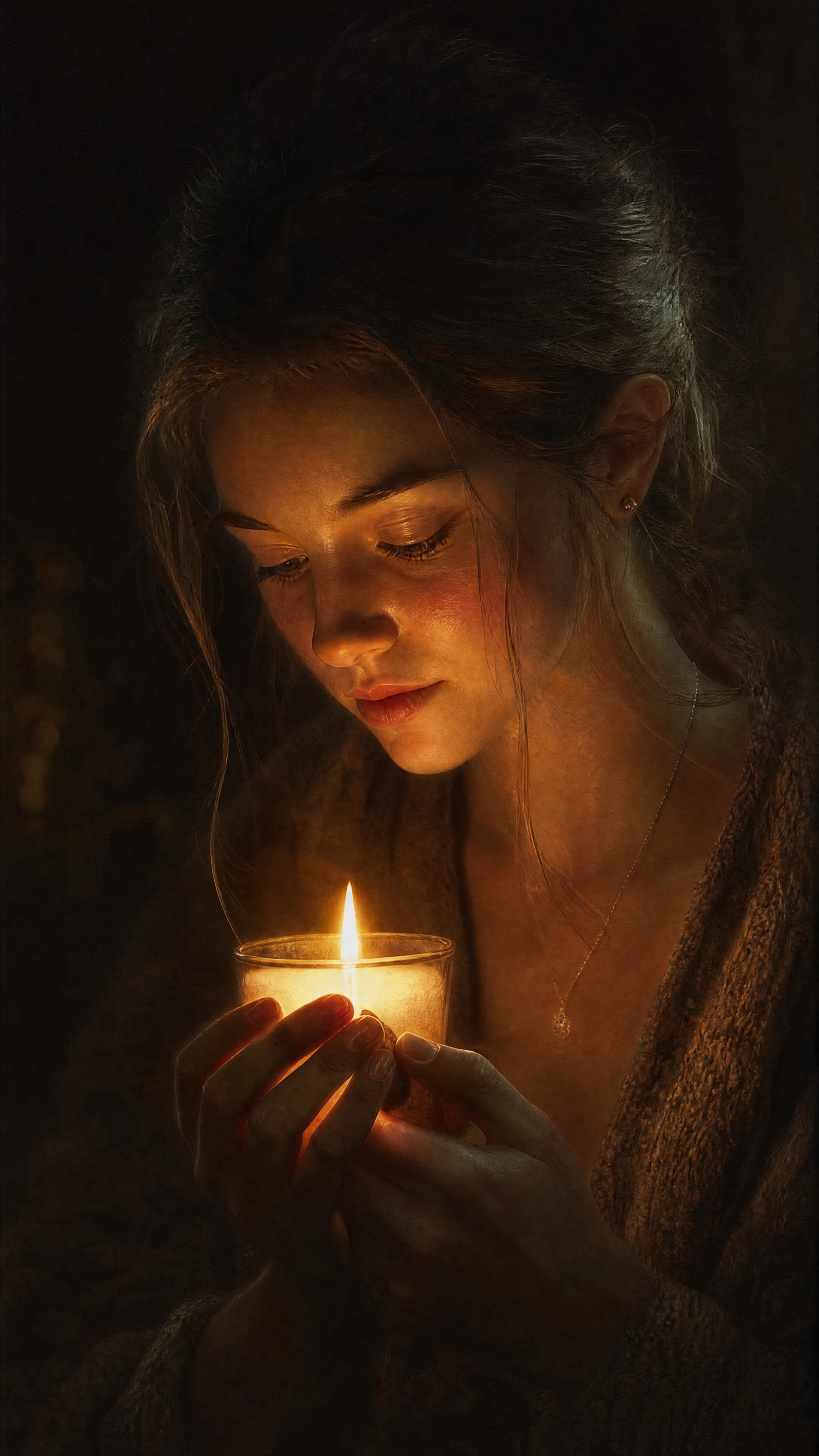 Retrato a pastel iluminado por una única y cálida llama de vela