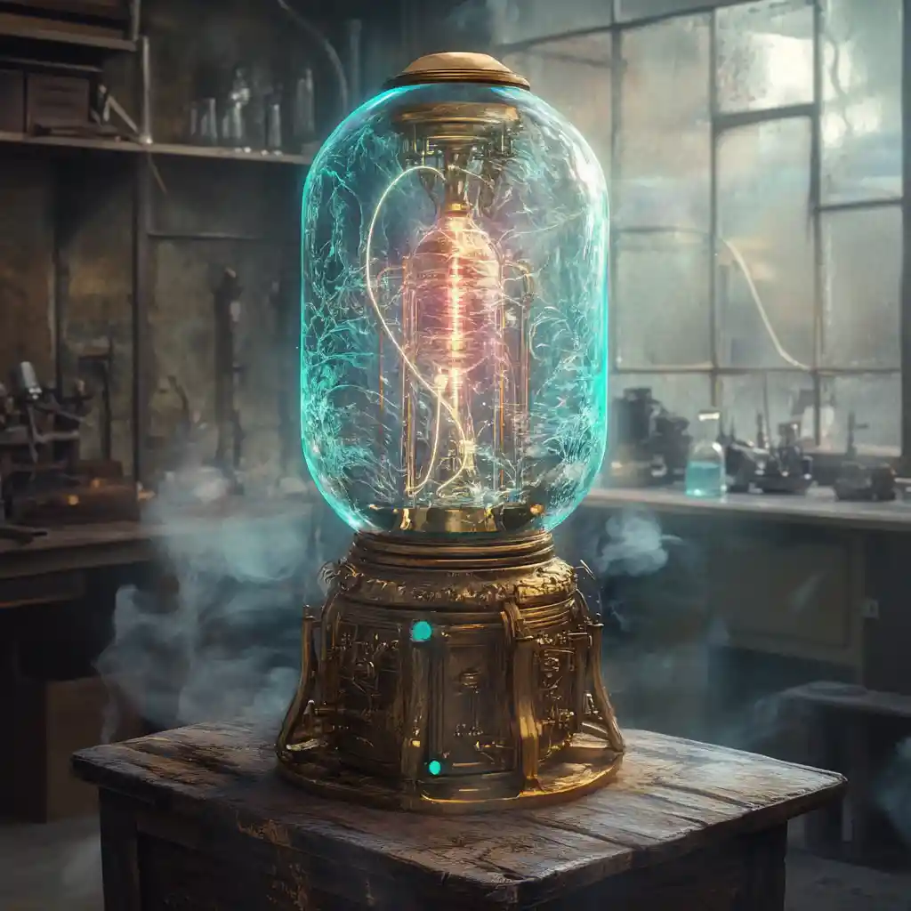 Dreamlike brass machine glowing in a vintage laboratory