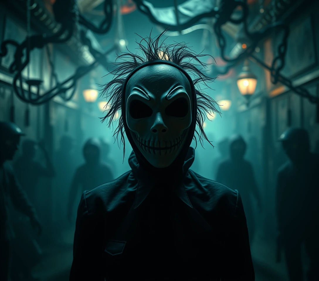 Gothic masked figure in a chaotic surreal horror scene