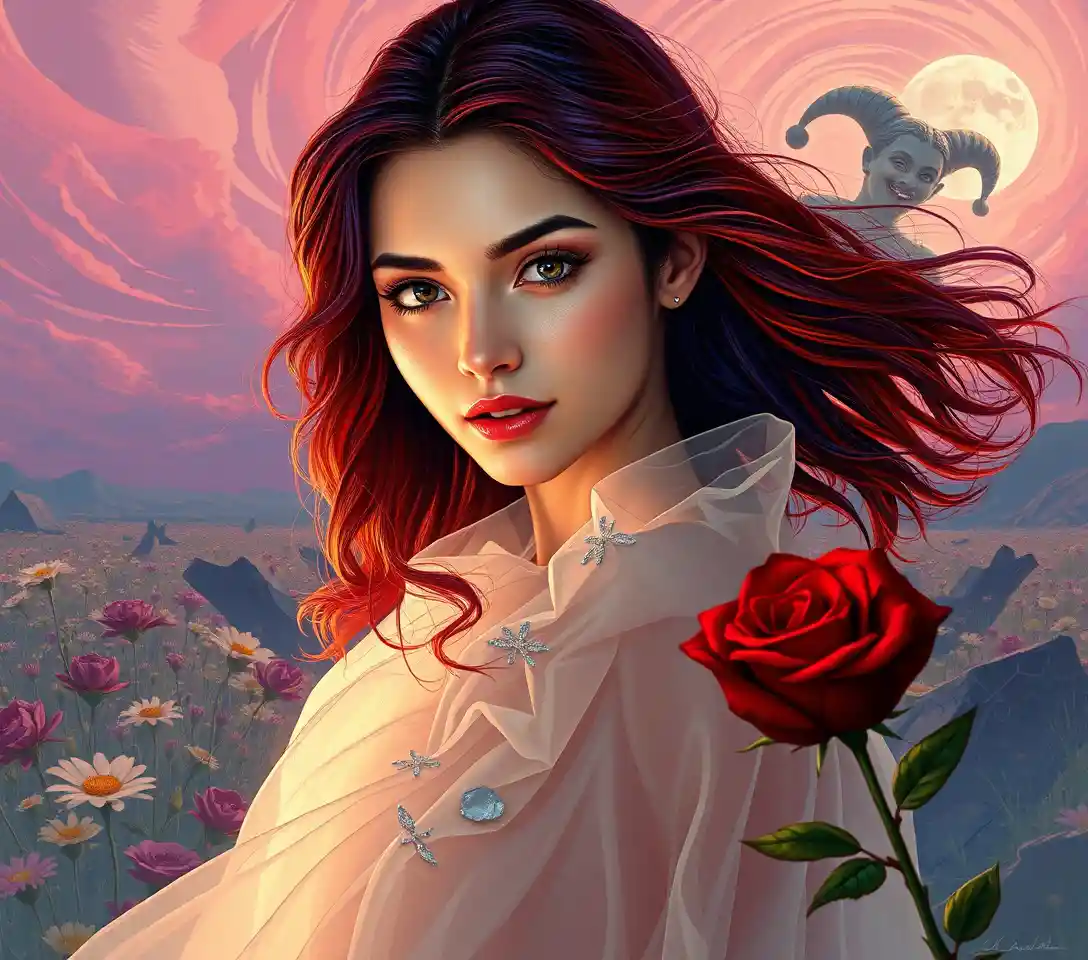 Surreal red haired woman in a torn dreamlike landscape