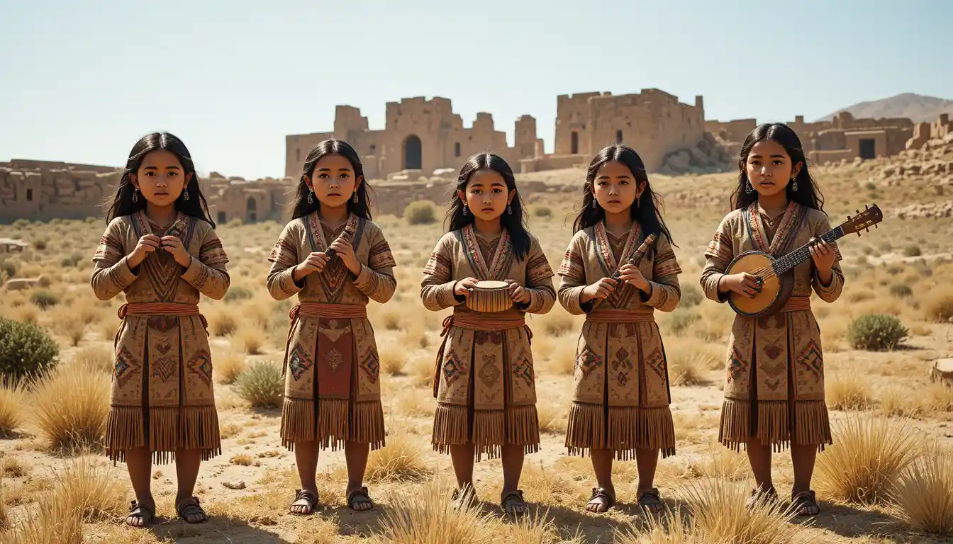 Indigenous musicians playing flutes and drums before ancient ruins