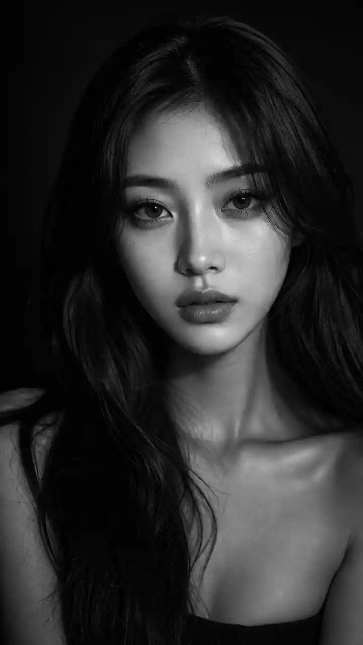 Cinematic black and white portrait of a young asian woman