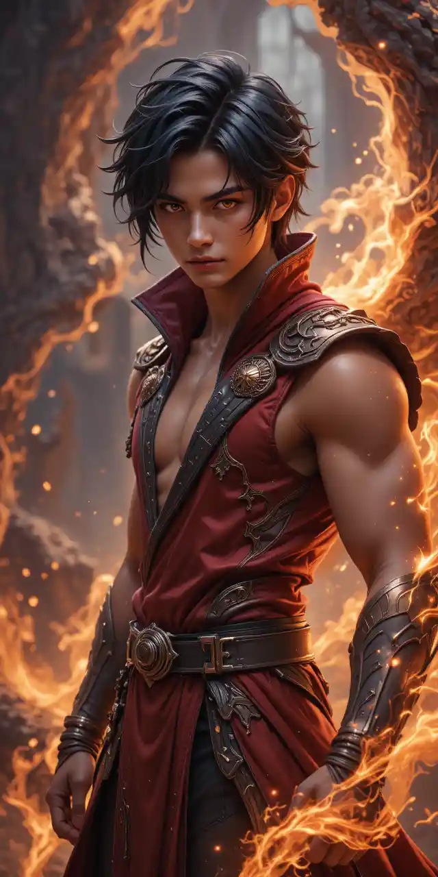 Young draconic warrior with golden skin and fiery aura