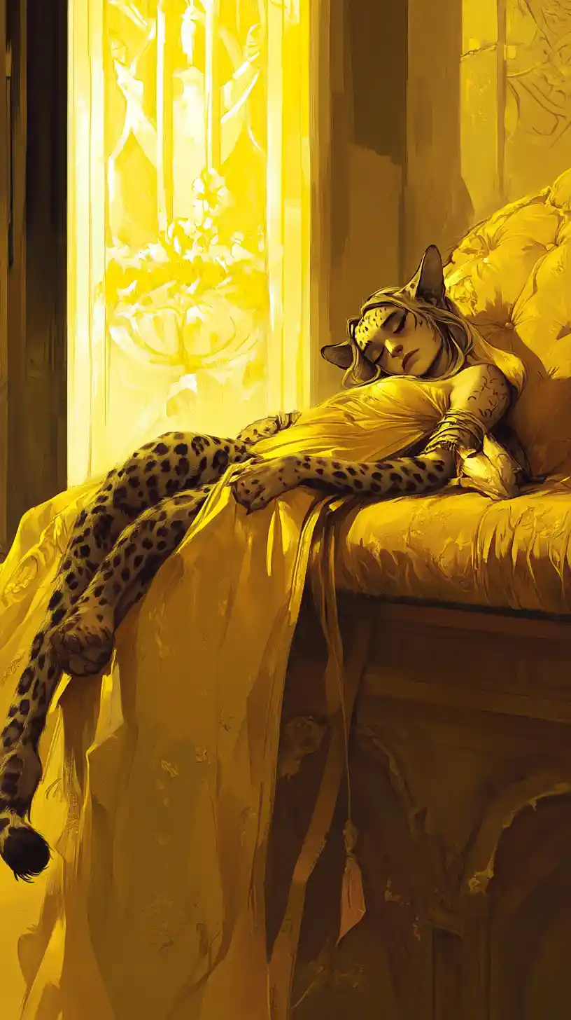 Wounded dark elf princess resting in a dim palace