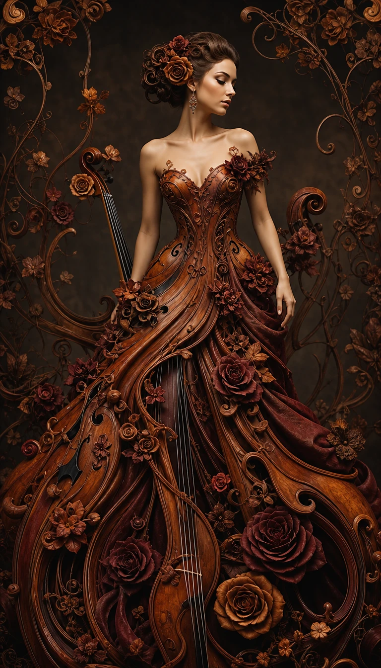 Floral gown transforming from carved violins in warm light