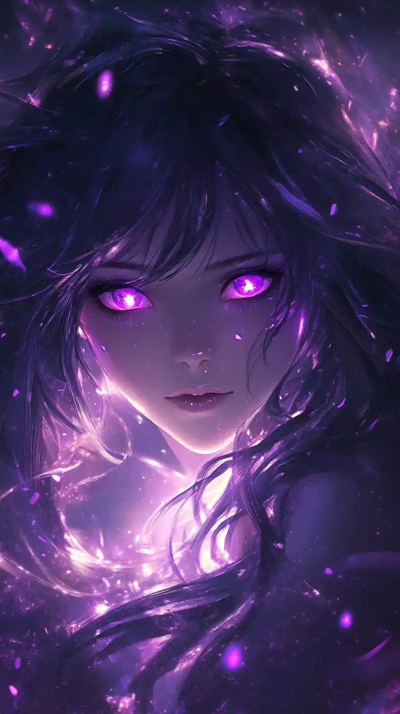 Anime girl with glowing violet eyes in dark void