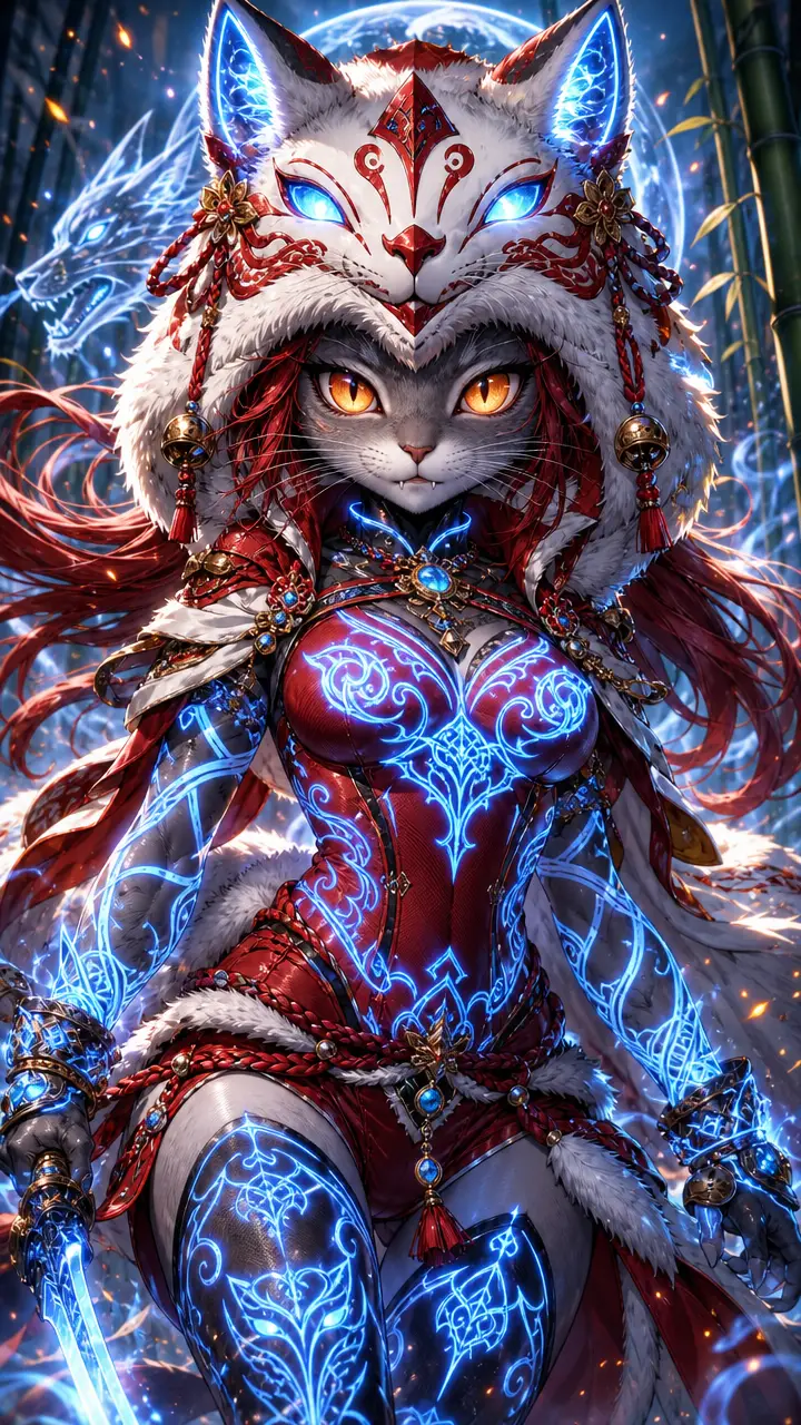 Anthropomorphic feline warrior in glowing fox hood armor
