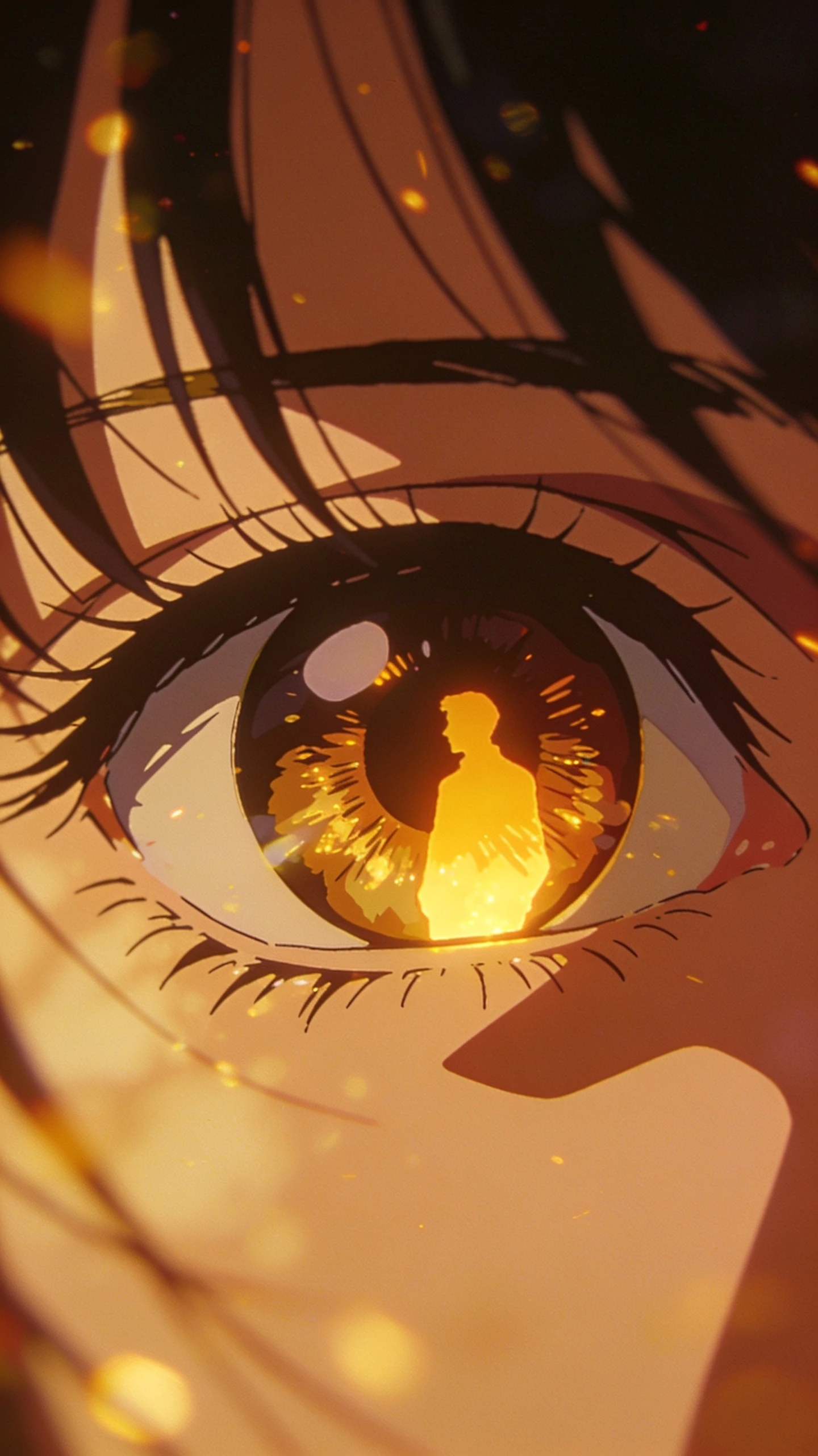 Anime woman close up with husband reflected in her eyes
