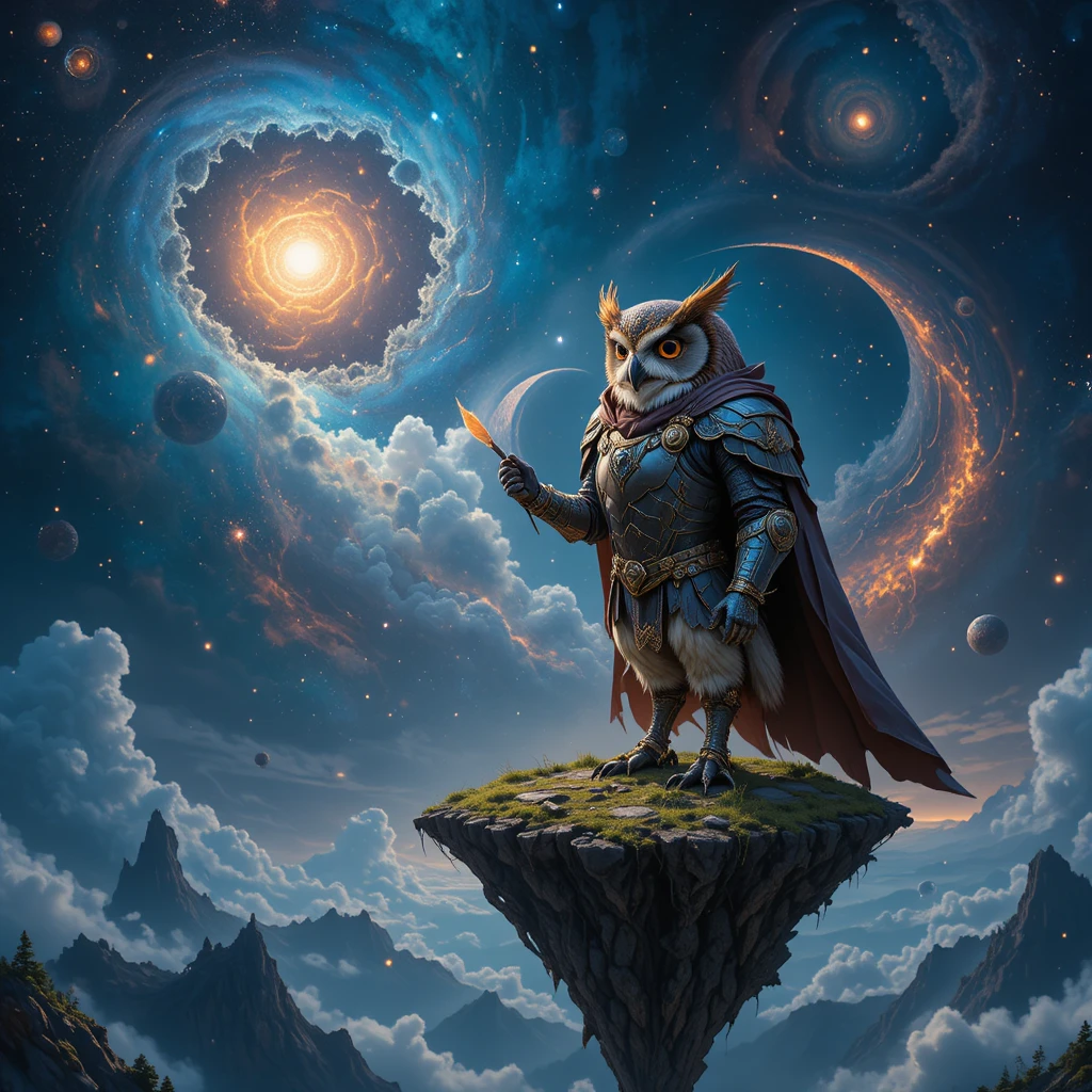 Armored owl knight watching a cosmic fantasy sky