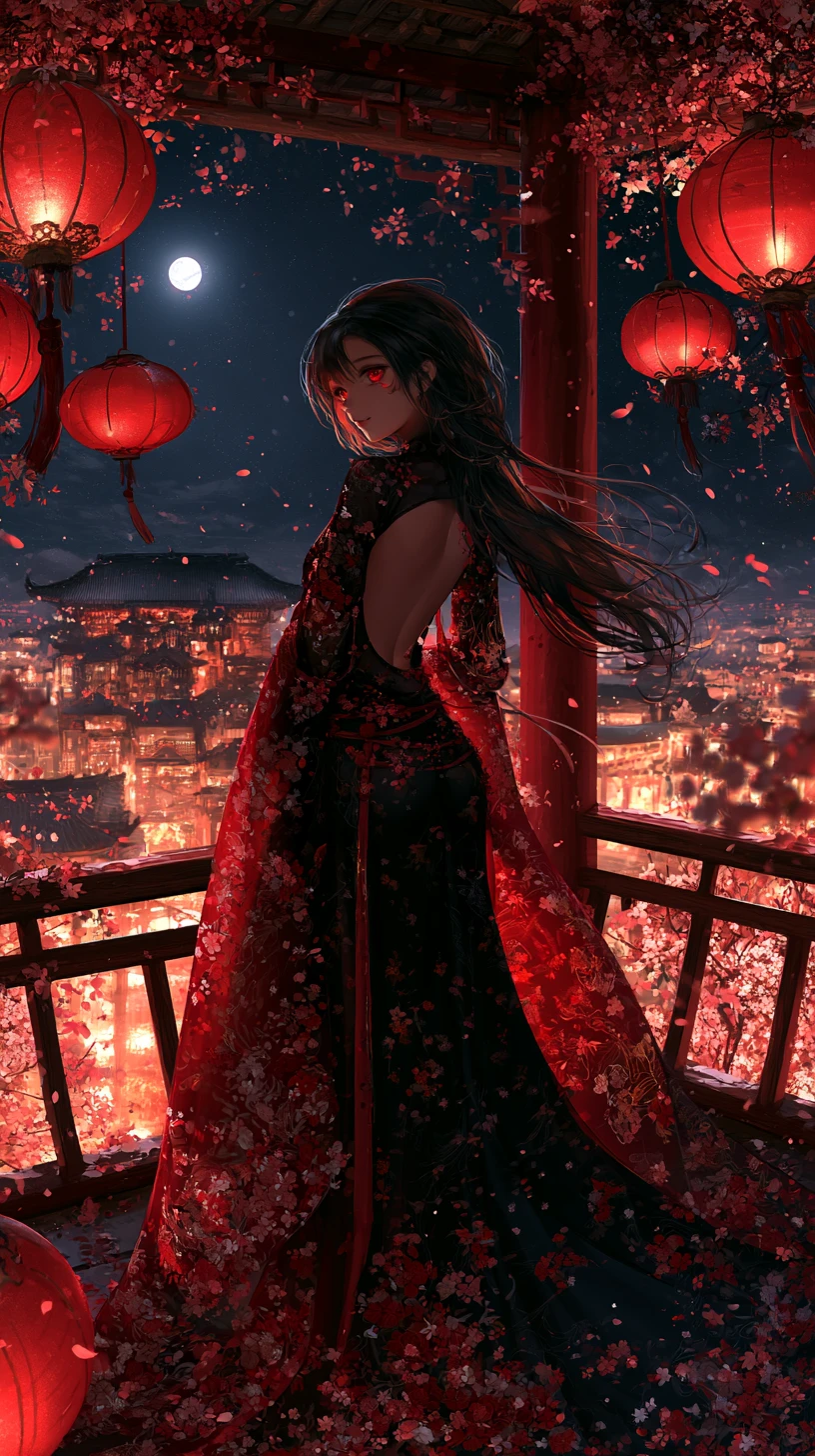 Elegant anime girl on pavilion above moonlit city