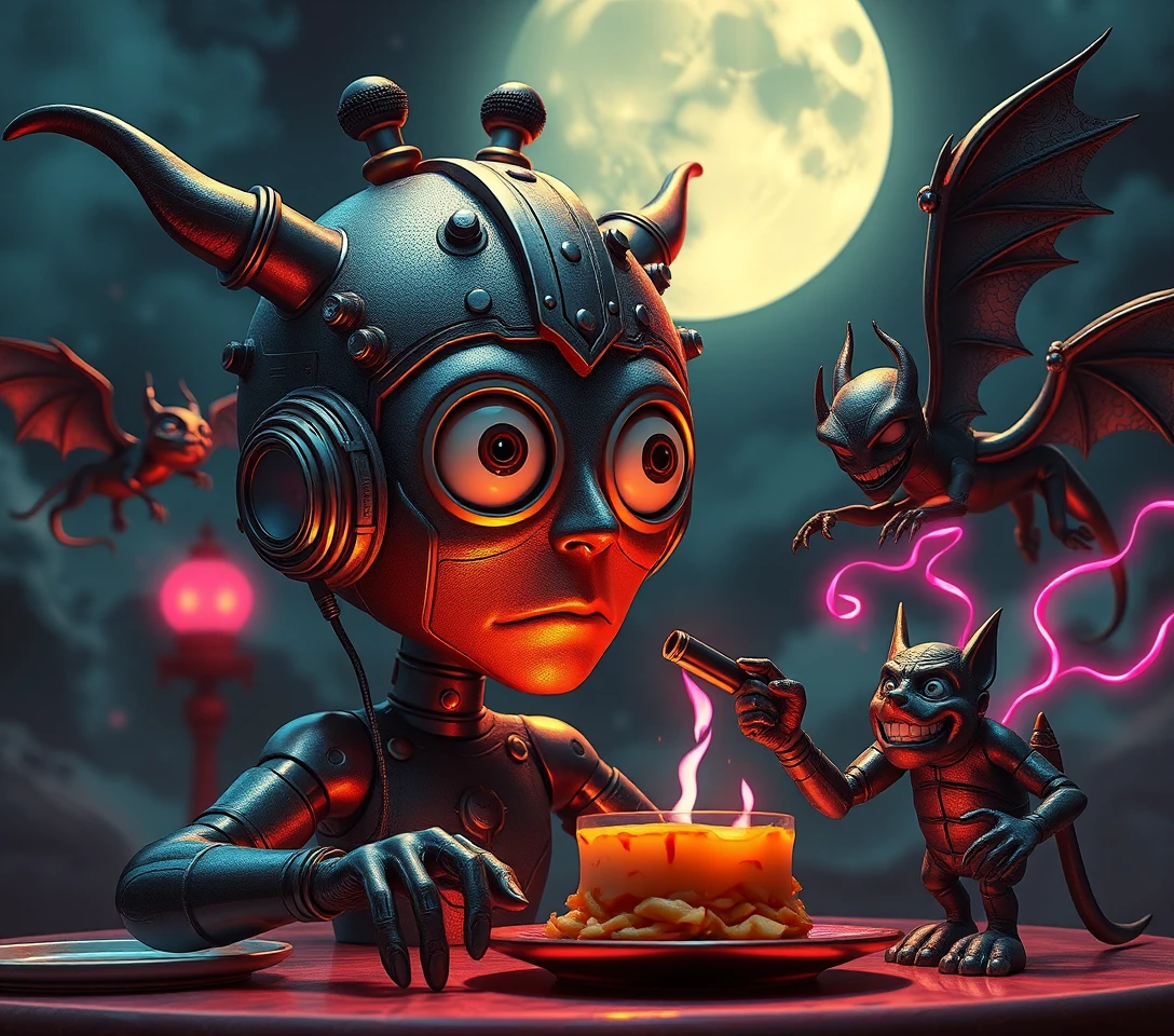 Blindfolded cyborg headed woman under eerie lunar night