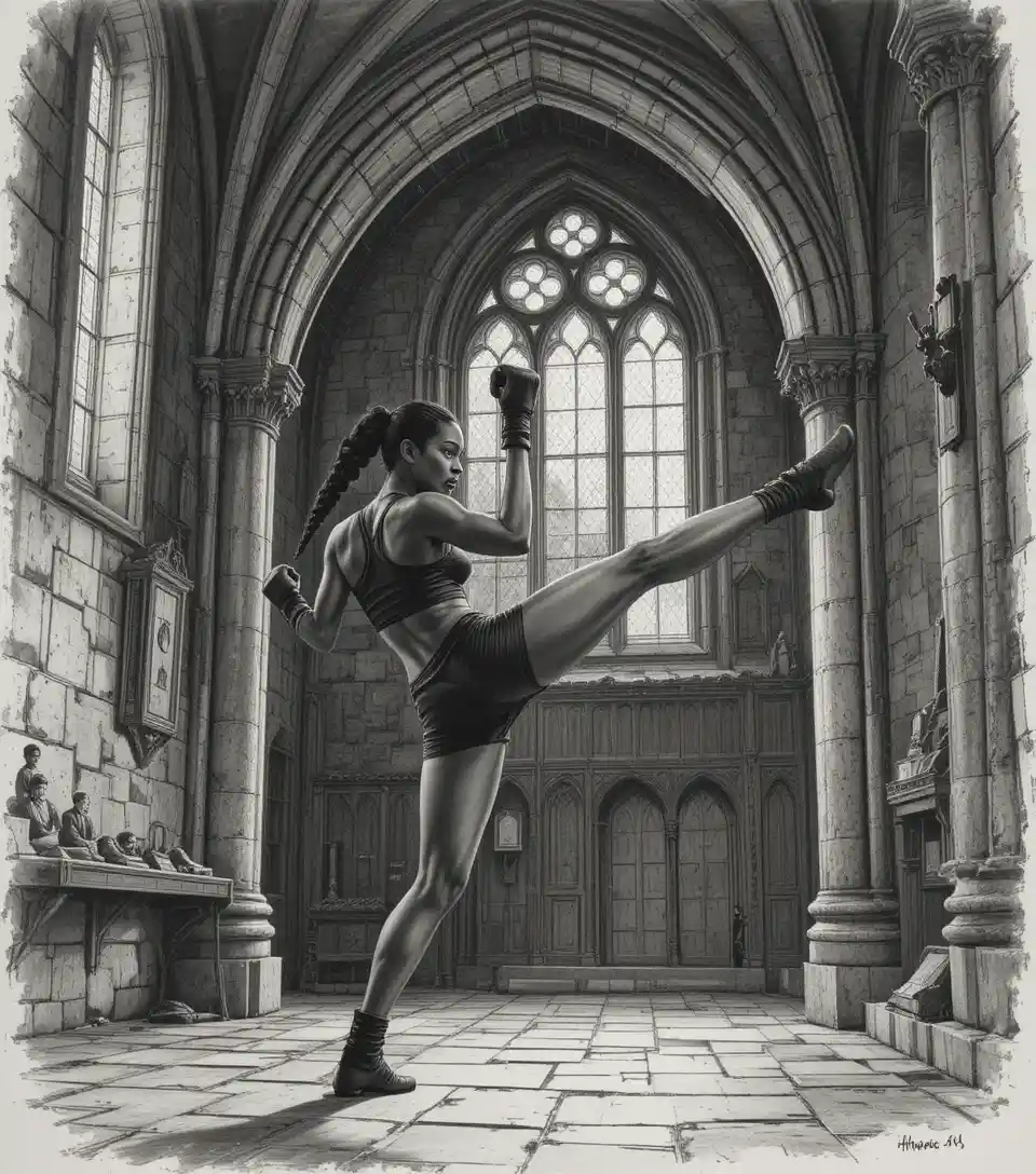 Black female kickboxer training inside ancient stone cathedral