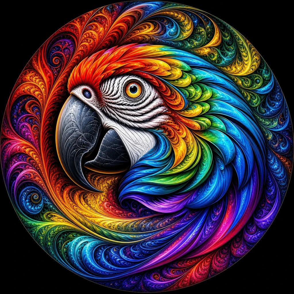 Fractal Parrot Head In Swirling Rainbow Vortex Illustration