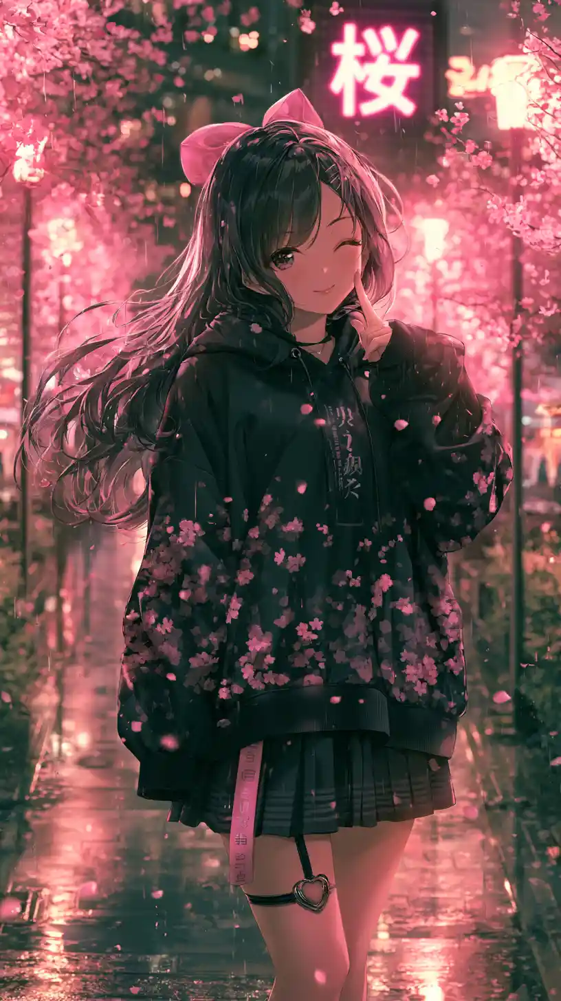 Anime girl on a neon lit rainy city street at night