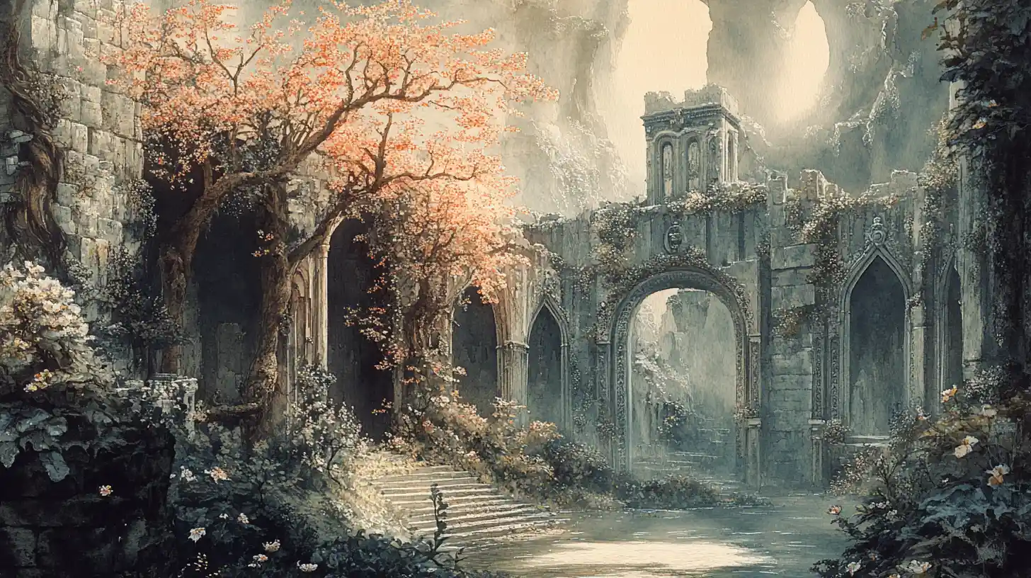 Ancient fantasy garden where historical eras bloom as trees