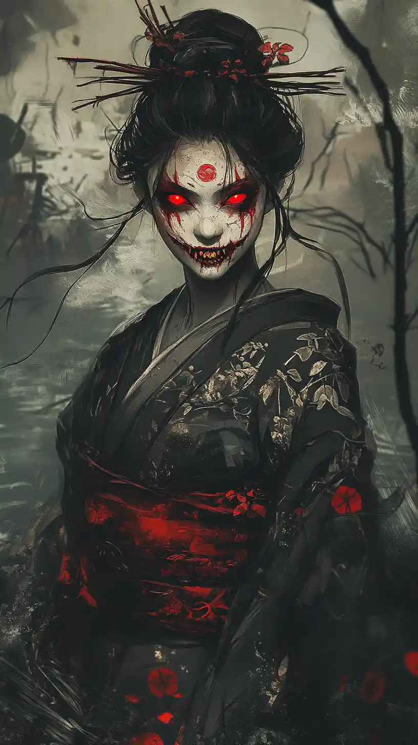 Terrifying anime spirit woman in a dark swamp forest