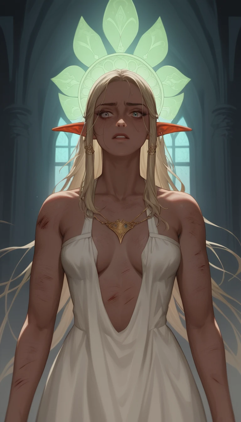 Wounded dark elf princess lying in a ruined palace
