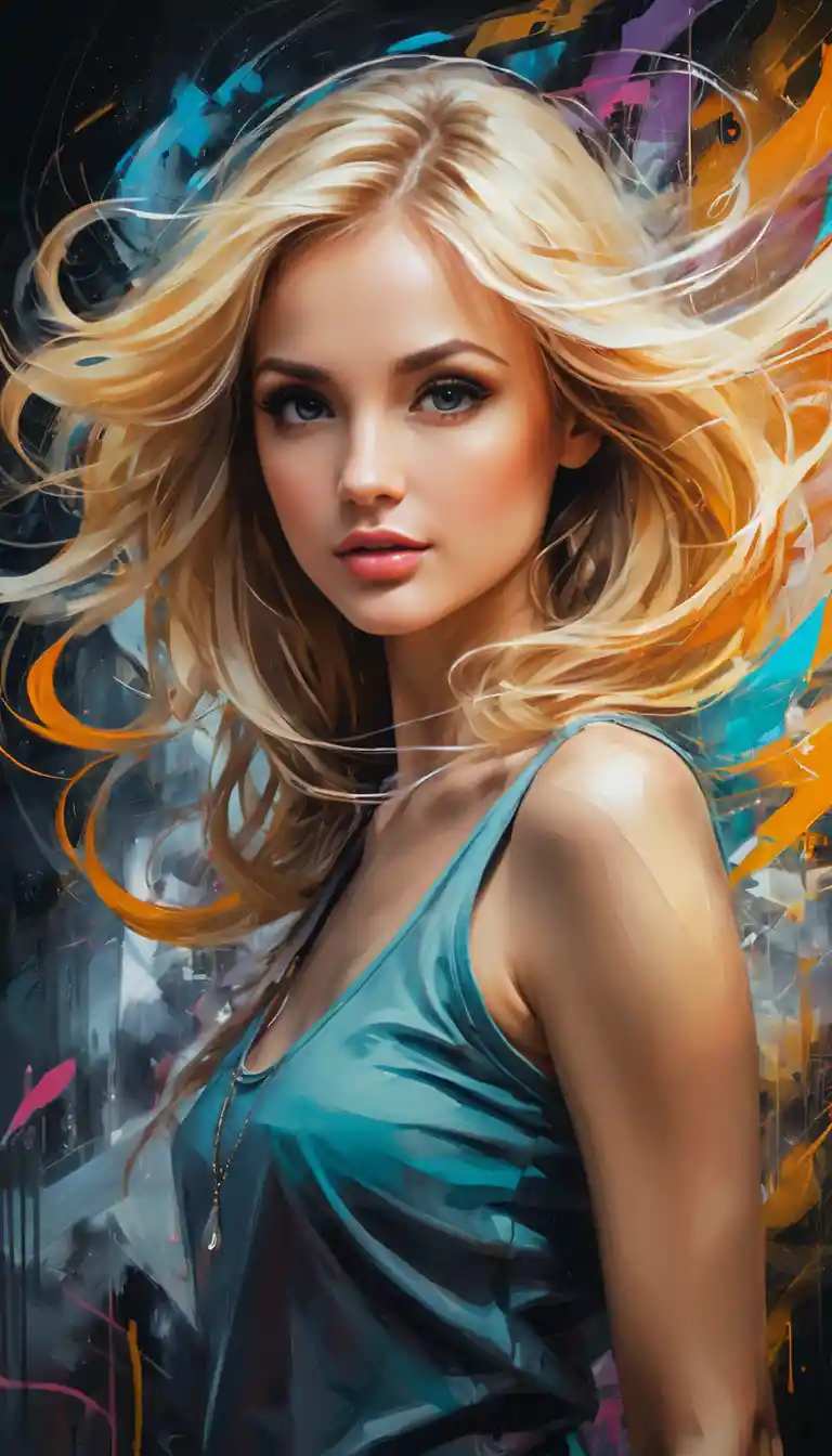 Energetic portrait of a radiant blonde woman in motion