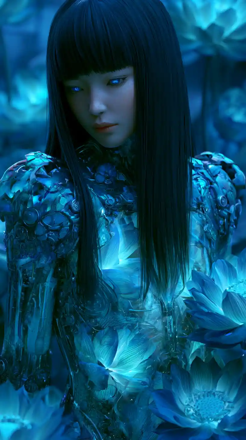 Cybernetic anime woman in a glowing lotus garden