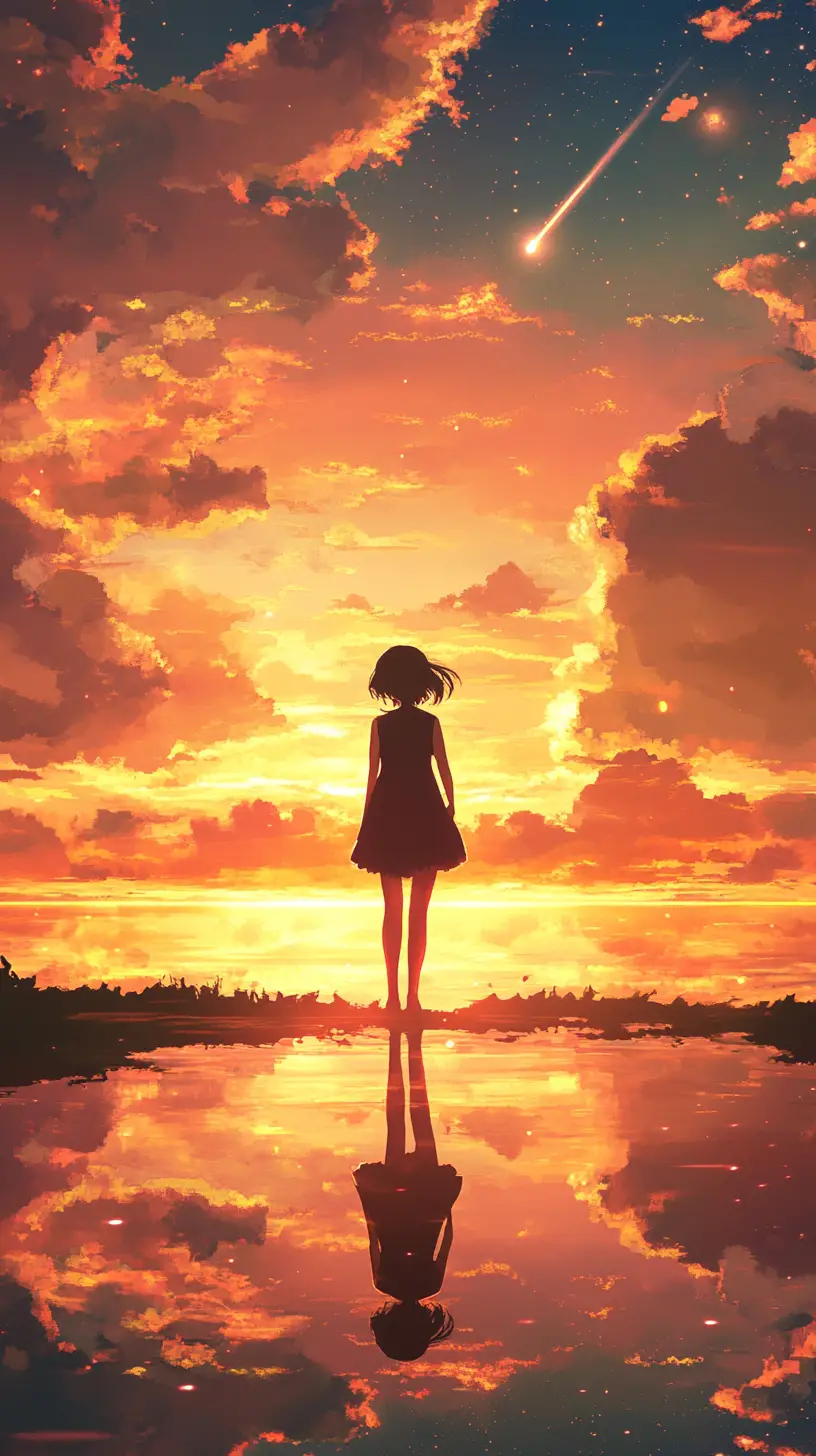 Young woman at sunset standing by a calm shoreline