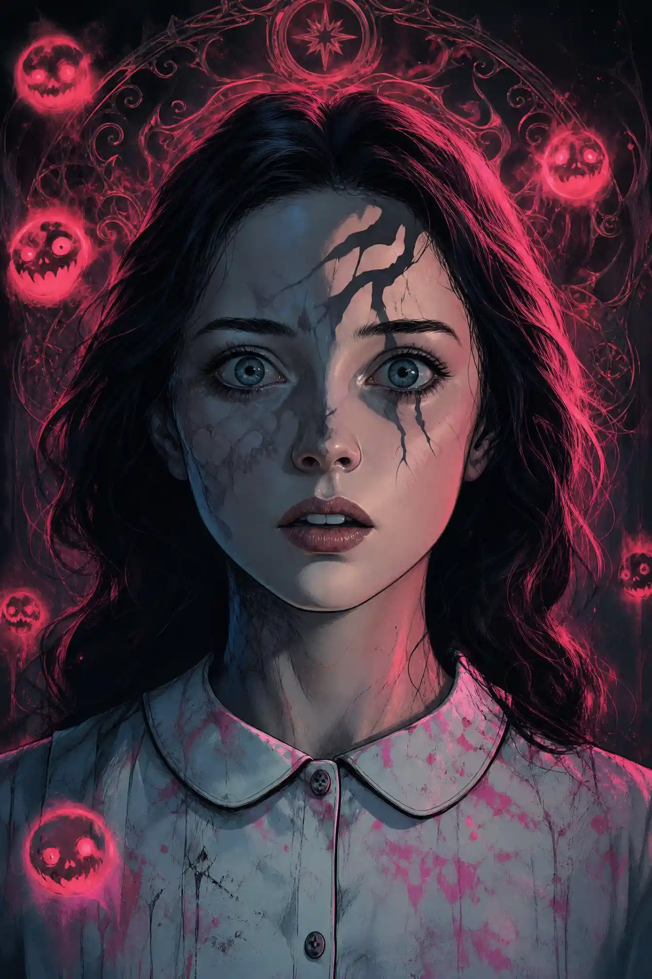 Frightened girl with corrupted shadow and neon lighting