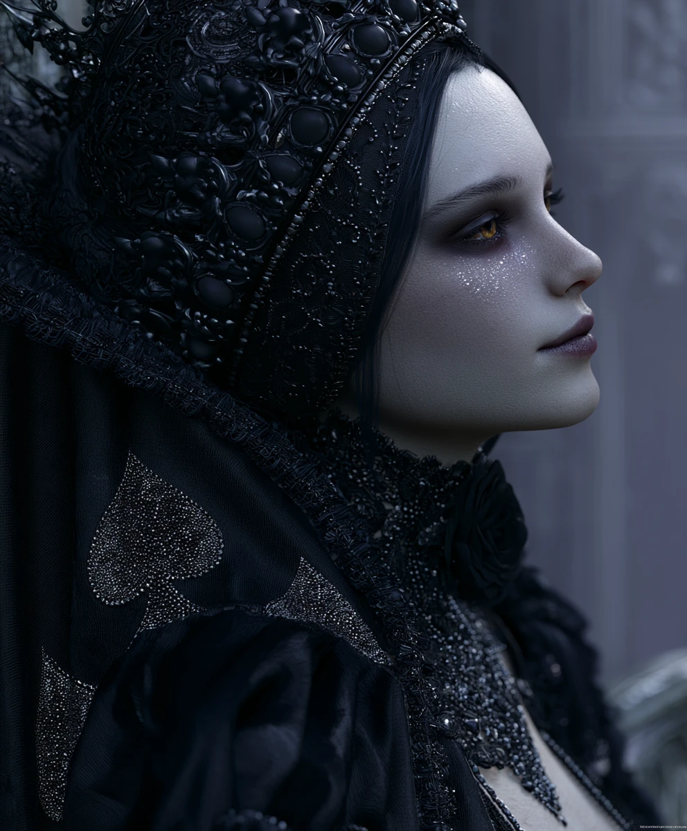 Gothic queen of spades on a moonlit palace balcony