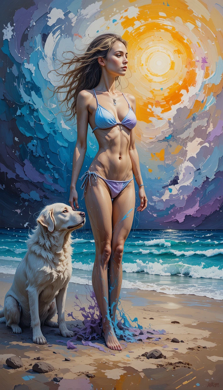 Contemplative woman on a sunset beach with golden dog