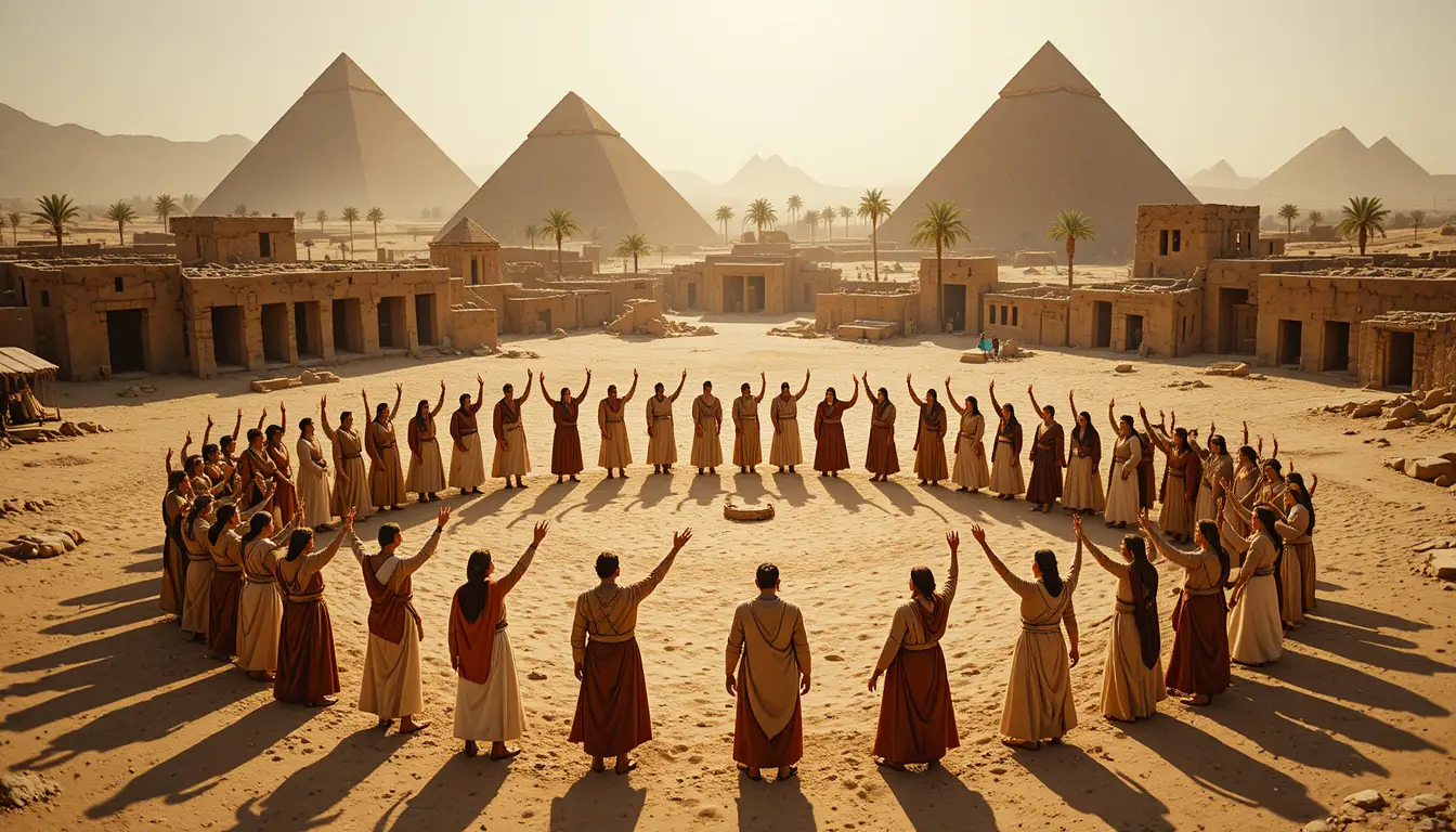 Ancient robed circle gathering in desert pyramid ruins