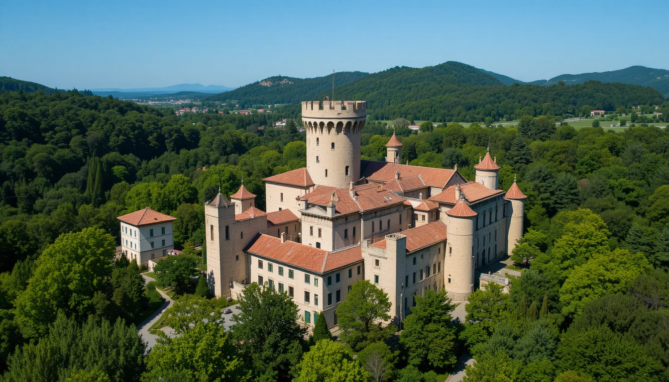 Aerial view of a historic castle in green countryside