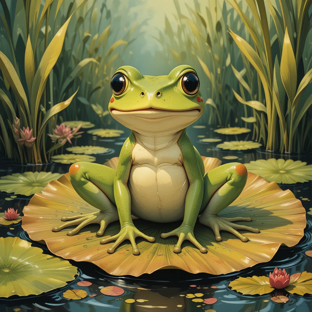 Smiling frog on a colorful lily pad in the marsh