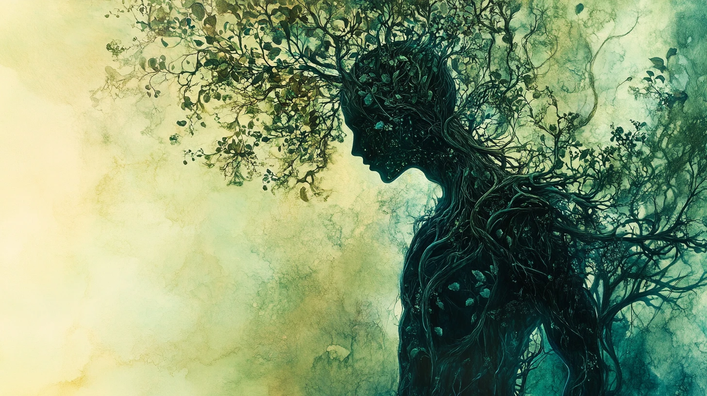 Ethereal guardian nurturing human souls as living trees