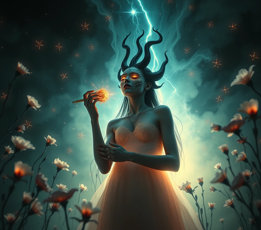Surreal woman bathed in celestial light amid blooming forms