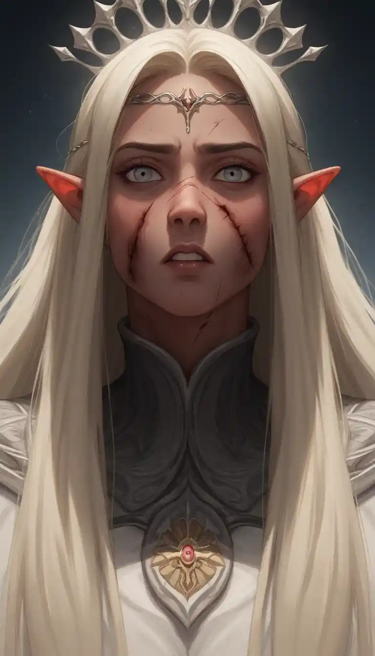 Wounded dark elf princess in a ruined palace interior