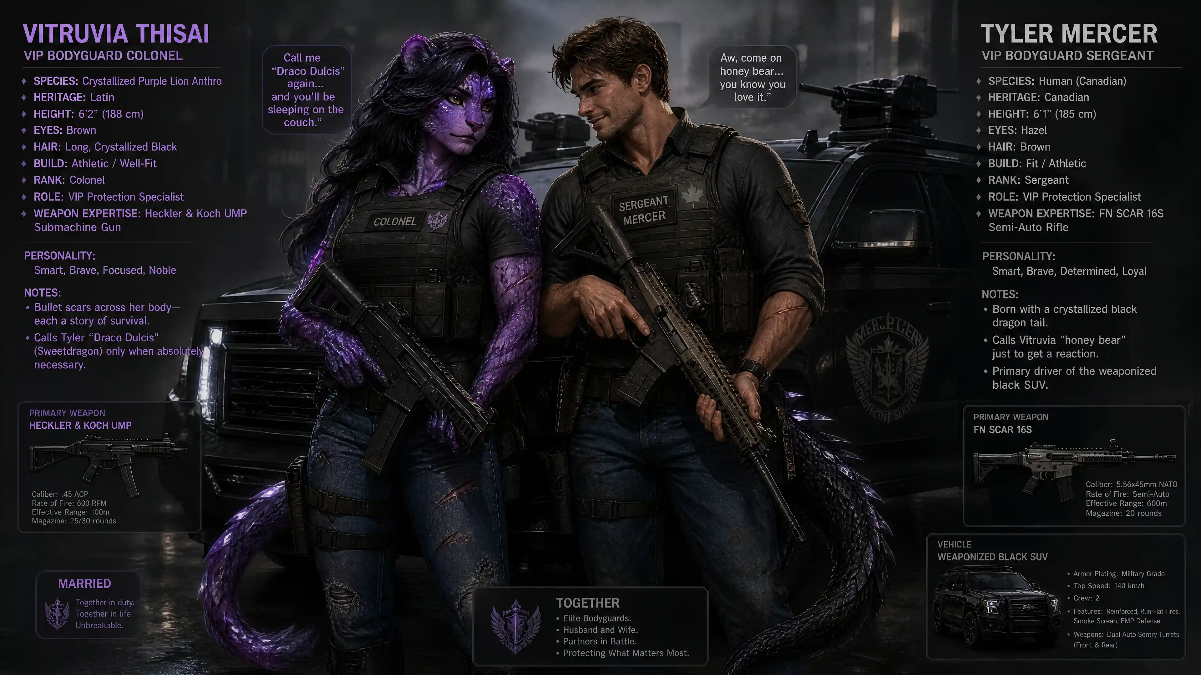 Crystallized purple lion warrior woman in tactical armor