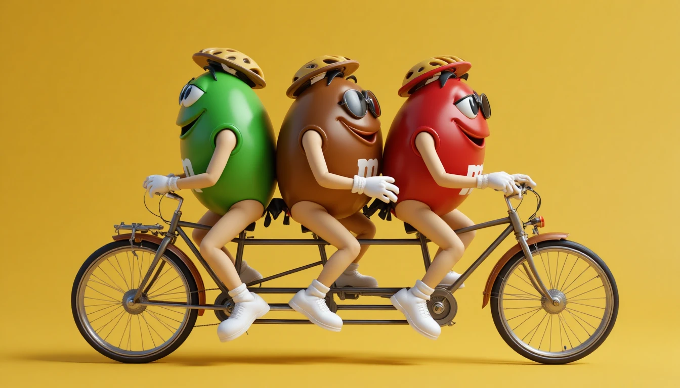 Three colorful candy mascots riding a triple tandem bicycle
