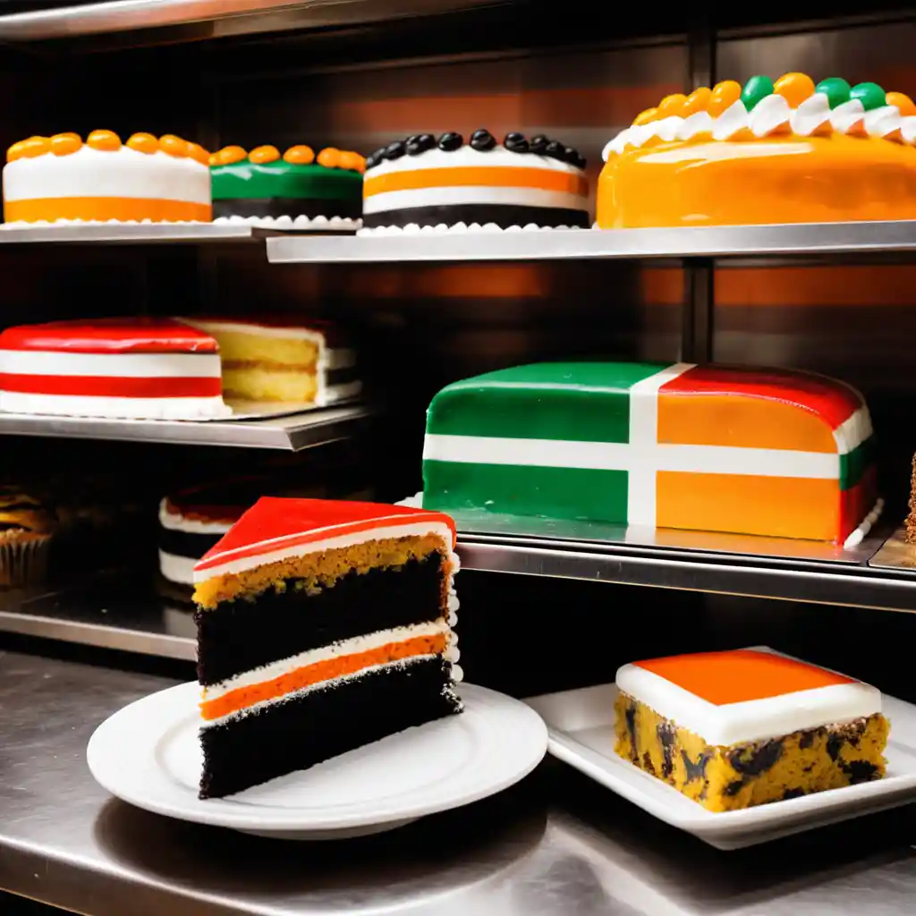 Slice of flag inspired cake on a warm bakery shelf