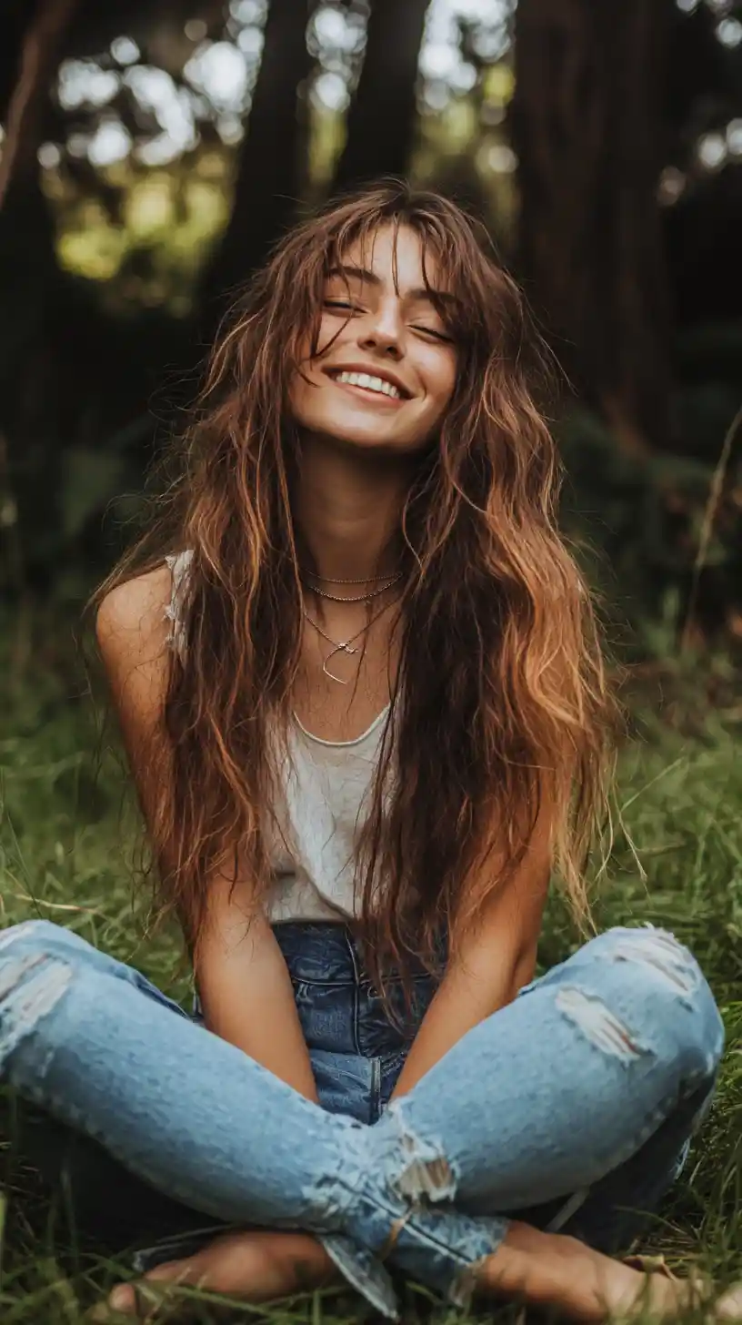 Joven sentada con las piernas cruzadas sobre la hierba en el bosque