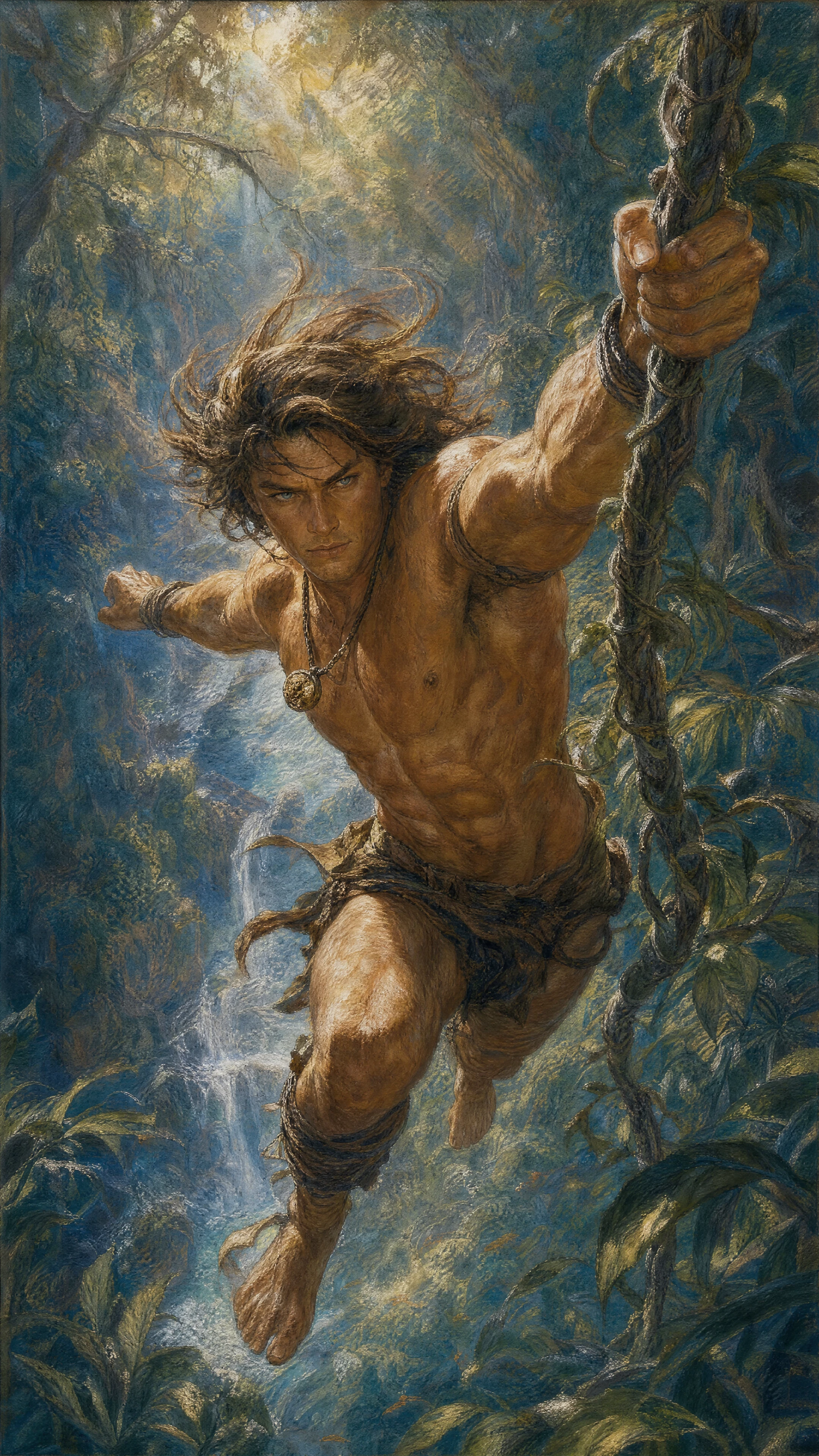 Pastel jungle warrior swinging on a vine in mid air