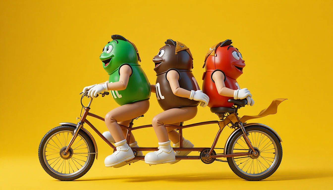 Three M and M characters riding a yellow tandem bicycle