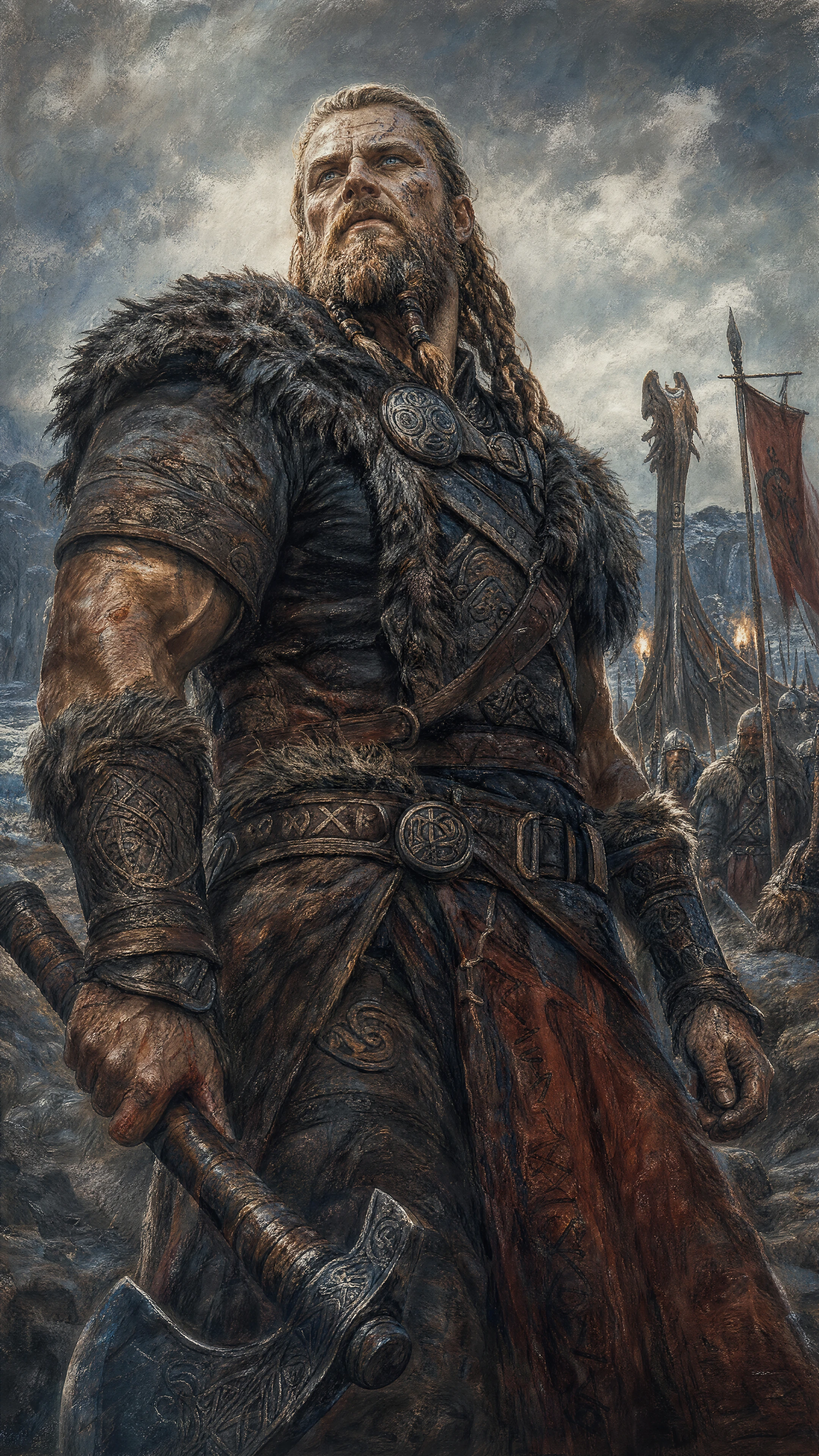 Pastel viking warrior towering above a rocky northern shore