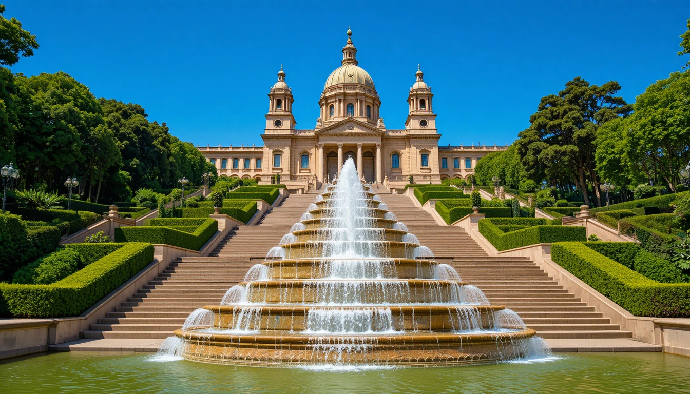 Grand fountain view towards the Palau Nacional in Barcelona