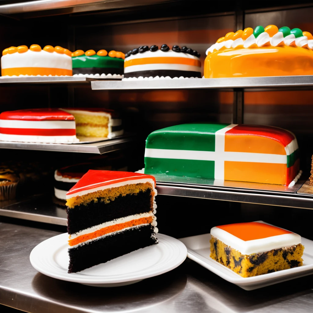 Slice of flag inspired cake on a warm bakery shelf