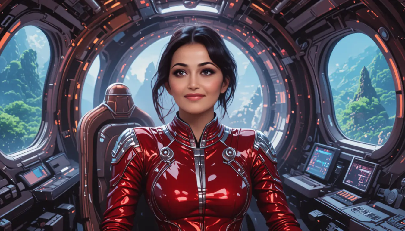 Mixed race pilot in red suit inside futuristic cockpit