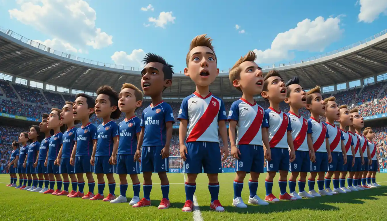 Professional soccer team and children line up before kickoff